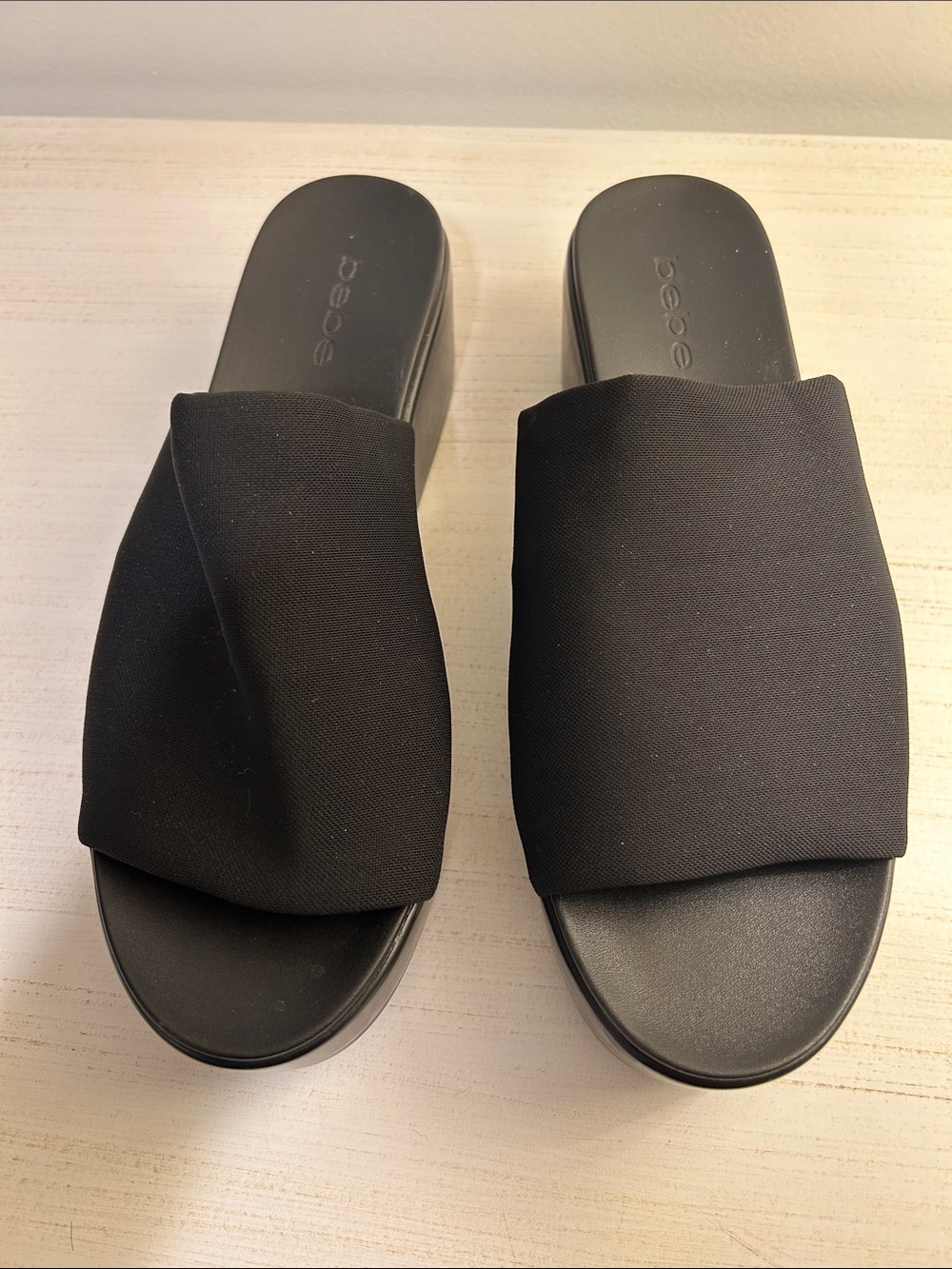 bebe Black Draped Slide Mules